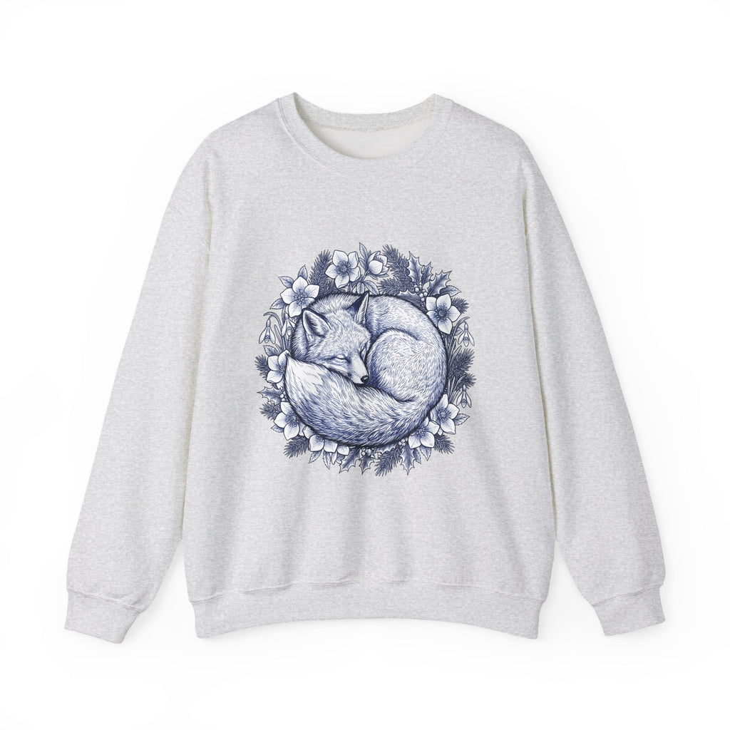 Fox Blossom Sweatshirt Christmas Creature Gift Women Cartoon Sweatshirt Flower Sweatshirt Xmas Fan Comic Sweatshirt Beast Graphic Hand Drawn Pine Branch Sweatshirt