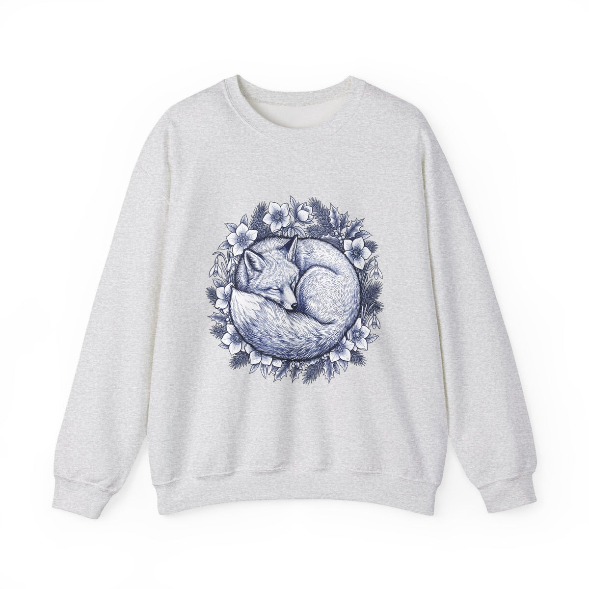 Fox Blossom Sweatshirt Christmas Creature Gift Women Cartoon Sweatshirt Flower Sweatshirt Xmas Fan Comic Sweatshirt Beast Graphic Hand Drawn Pine Branch Sweatshirt