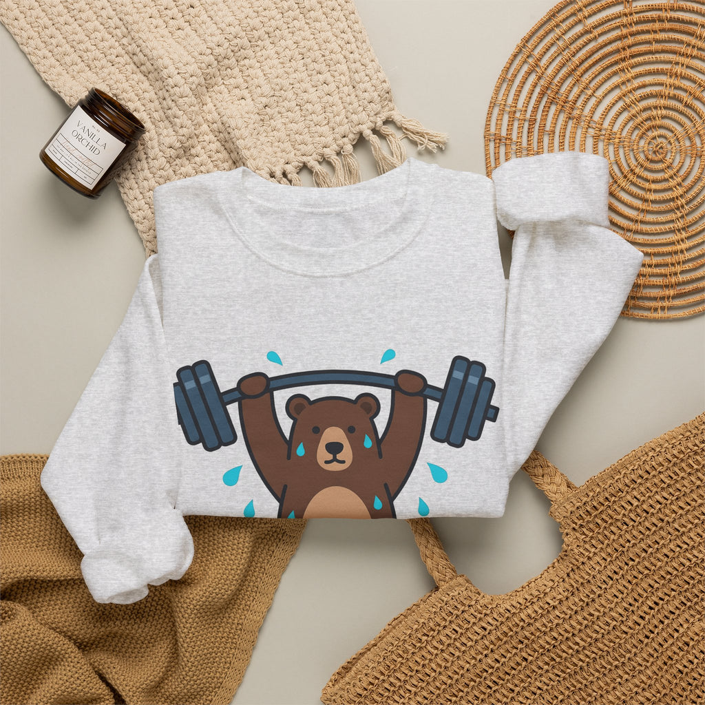 Bear Lifting Sweatshirt Fitness Workout Gift Women Comic Sweatshirt Grizzly Sweatshirt Gym Enthusiast Cartoon Sweatshirt Exercise Graphic Simple Weights Sweatshirt