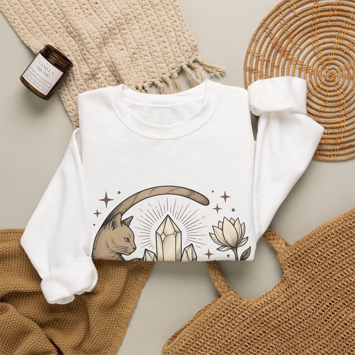 Kitty Stone Sweatshirt Cat Esoteric Gift Women Bohemian Sweatshirt Cat Sweatshirt Cat Fan Mystical Graphic Classic Lotus Blossom Sweatshirt
