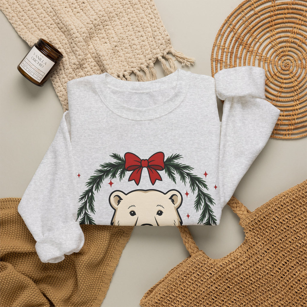 Arctic Bear Sweatshirt Christmas Wildlife Gift Women Comic Sweatshirt Polar Bear Sweatshirt Xmas Fan Cartoon Sweatshirt Animal Graphic Sketch Garland Sweatshirt