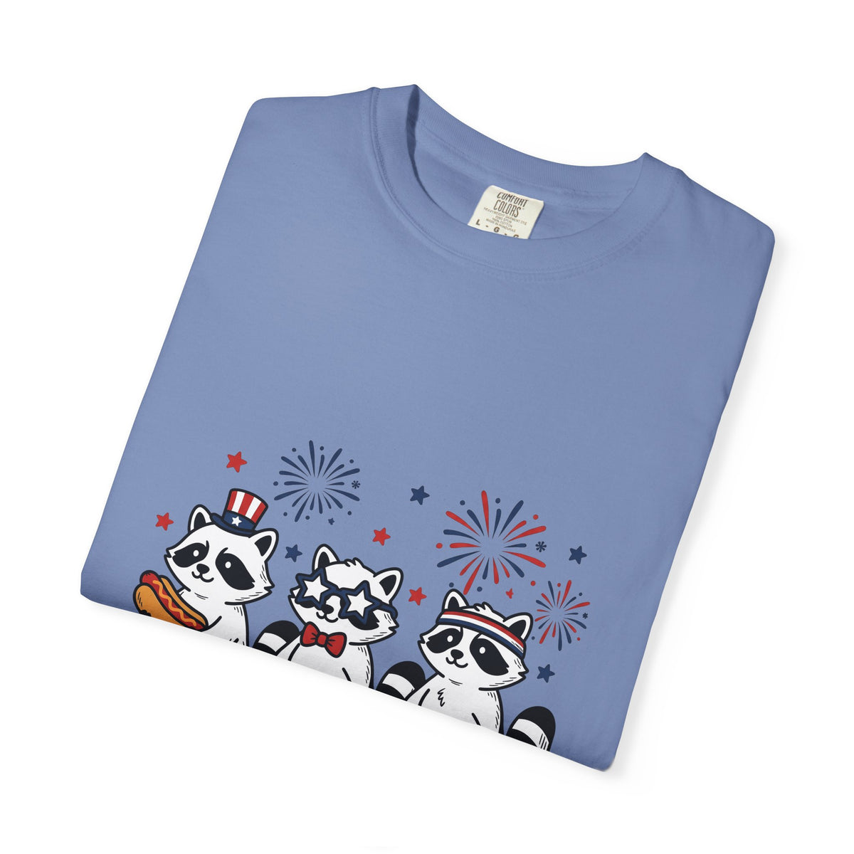 Raccoon Pack T-Shirt 4th Of July Fauna Gift Women Hand Drawn T-Shirt Trash Panda T-Shirt Independence Day Fan Illustrated T-Shirt Wildlife Graphic