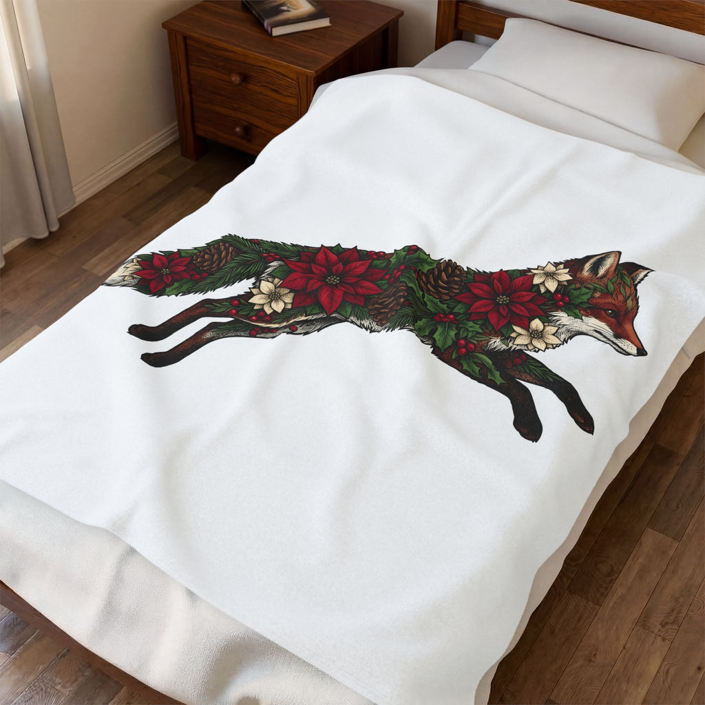 Fox Flower Holiday Winter Gift Floral Flower Christmas Fan Floral Snowflake Retro Pine Cone Blanket