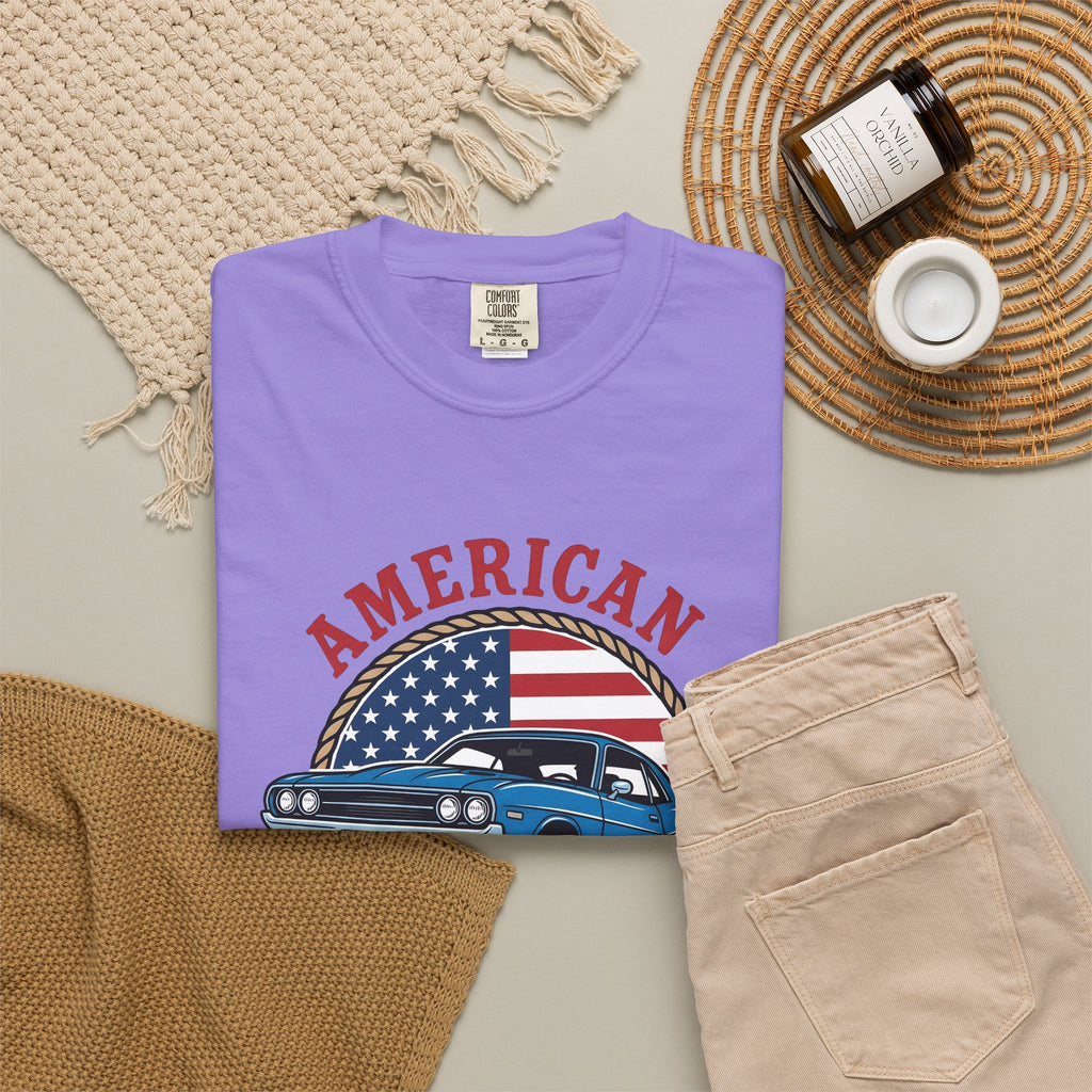 Muscle Car T-Shirt America Automotive Gift Women Vintage T-Shirt Hot Rod T-Shirt Patriot Enthusiast Classic T-Shirt Car Graphic Retro American Flag