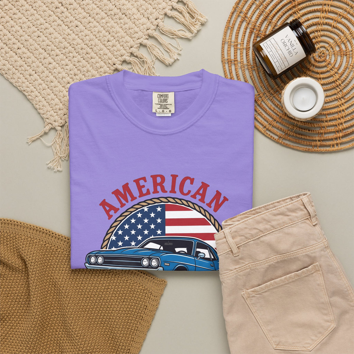 Muscle Car T-Shirt America Automotive Gift Women Vintage T-Shirt Hot Rod T-Shirt Patriot Enthusiast Classic T-Shirt Car Graphic Retro American Flag