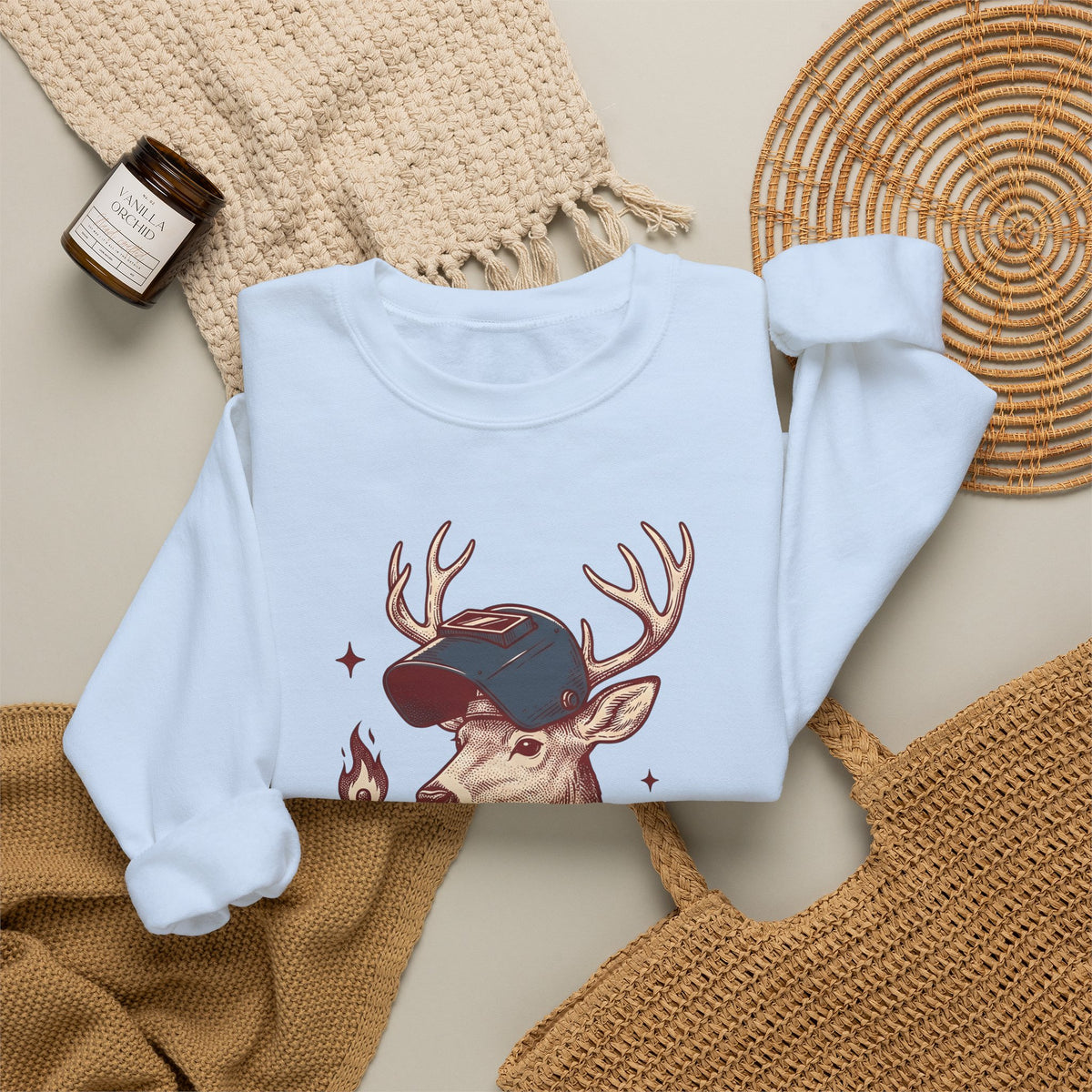 Horned Deer Welding Face Shield Sweatshirt Funny Nature Gift Women Antique Sweatshirt Welding Mask Sweatshirt Humor Fan Vintage Sweatshirt Wildlife Graphic