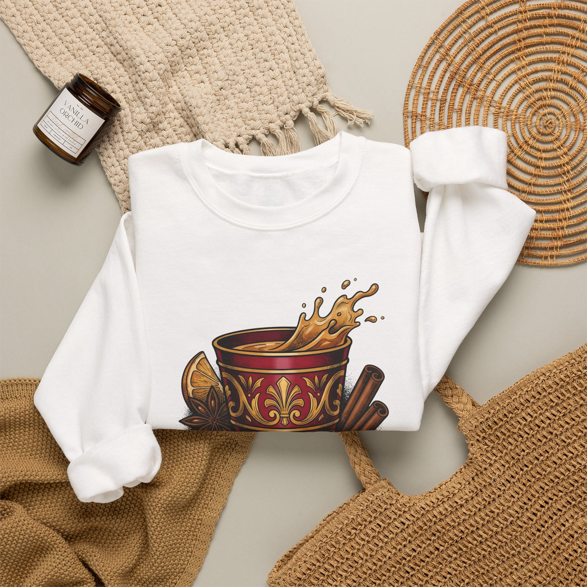 Hot Spiced Drink Holiday Yuletide Gift Farmhouse Mulled Wine Christmas Fan Rustic Winter Outline Sweatshirt