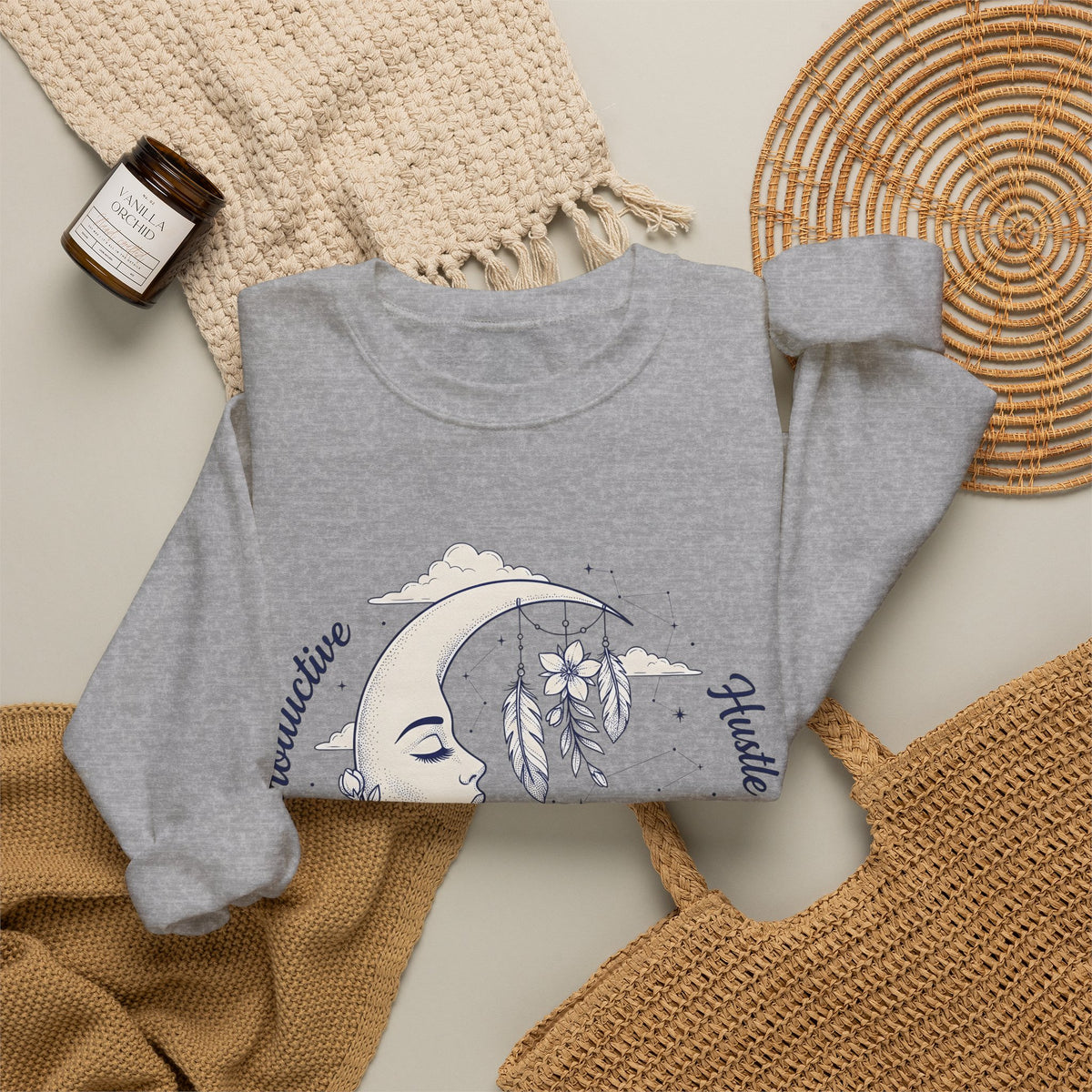 Moon Crescent Sweatshirt Boho Chic Night Sky Gift Women Tribal Sweatshirt Lunar Sweatshirt Bohemian Fan Ethnic Sweatshirt Galaxy Graphic Outline Wings Sweatshirt