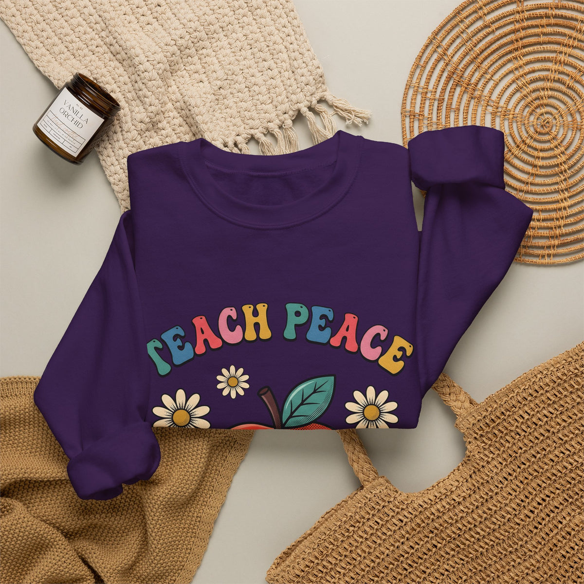 Happy Apple Sweatshirt Teachers Harmony Gift Women Comic Sweatshirt Fruit Sweatshirt Educator Enthusiast Cartoon Sweatshirt Balance Graphic Vintage Wildflowers