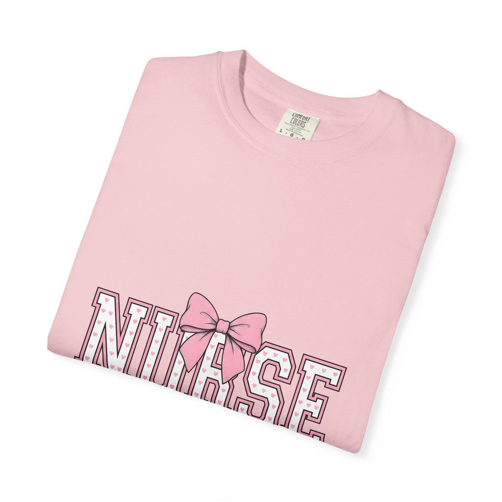 Blush Bow T-Shirt Nurse Thankfulness Gift Women Sweet T-Shirt Bow Tie T-Shirt Rn Fan Cute T-Shirt Gratitude Graphic Classic Heart Shapes T-Shirt