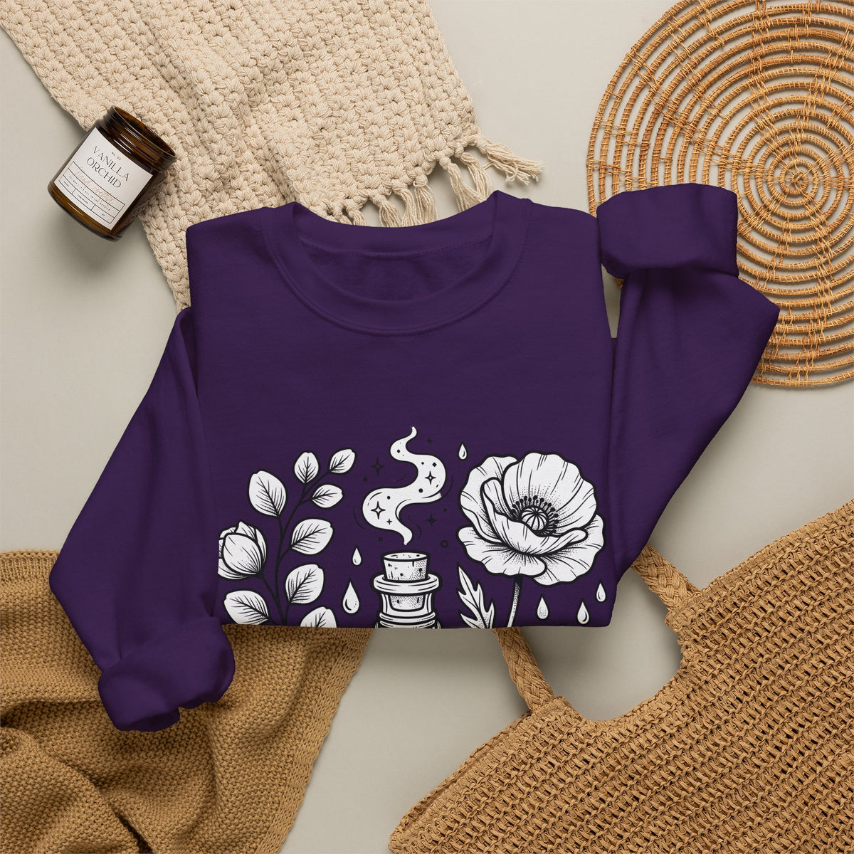 Magic Bottle Sweatshirt Halloween Spells Gift Women Sketch Sweatshirt Genie Bottle Sweatshirt Horror Fan Mystic Drawing Graphic Retro Flower Sweatshirt