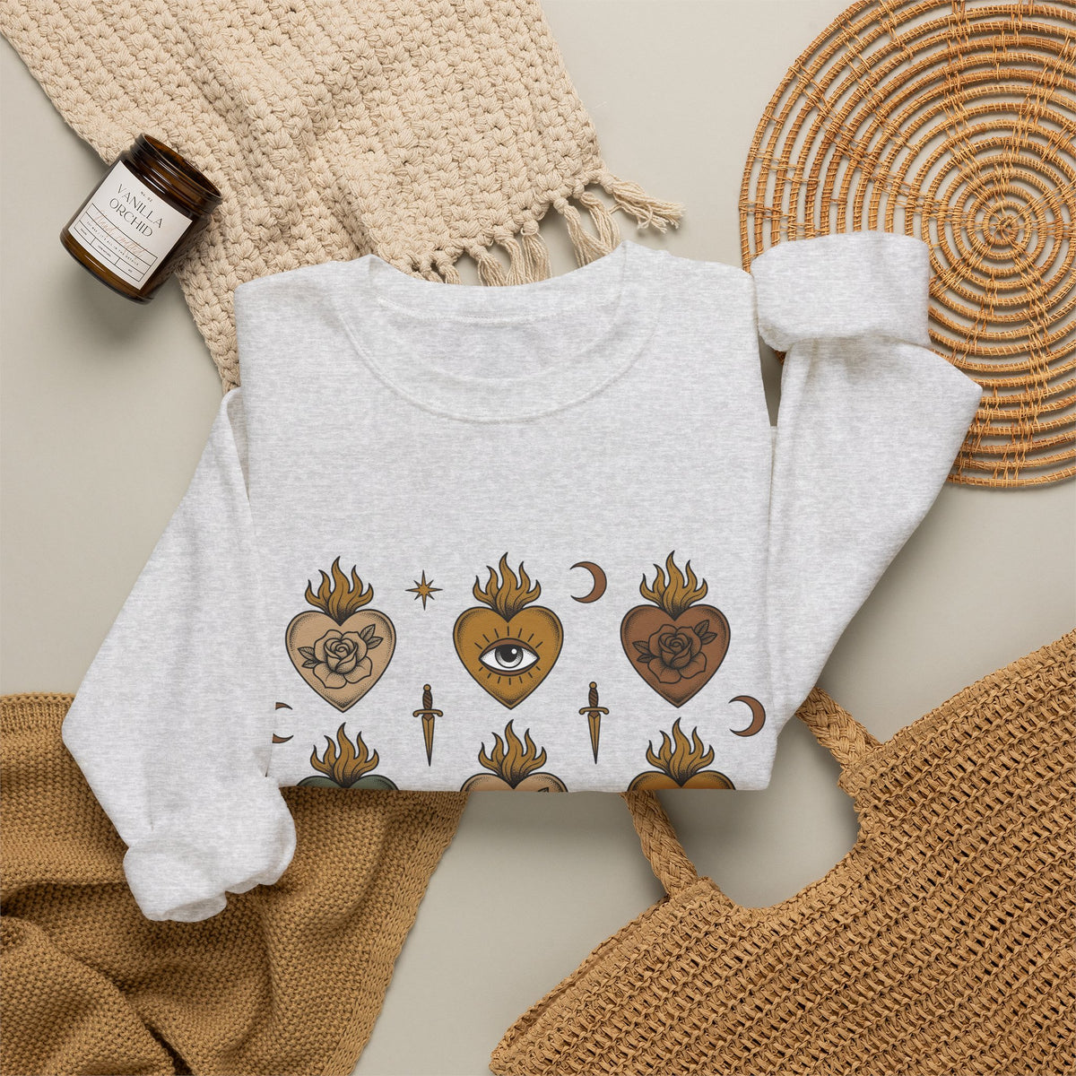 Sacred Heart Pattern Sweatshirt Boho Chic Mystical Gift Women Tattoo Sweatshirt Heart Design Sweatshirt Bohemian Fan Ink Graphic Sweatshirt Vintage Crescent