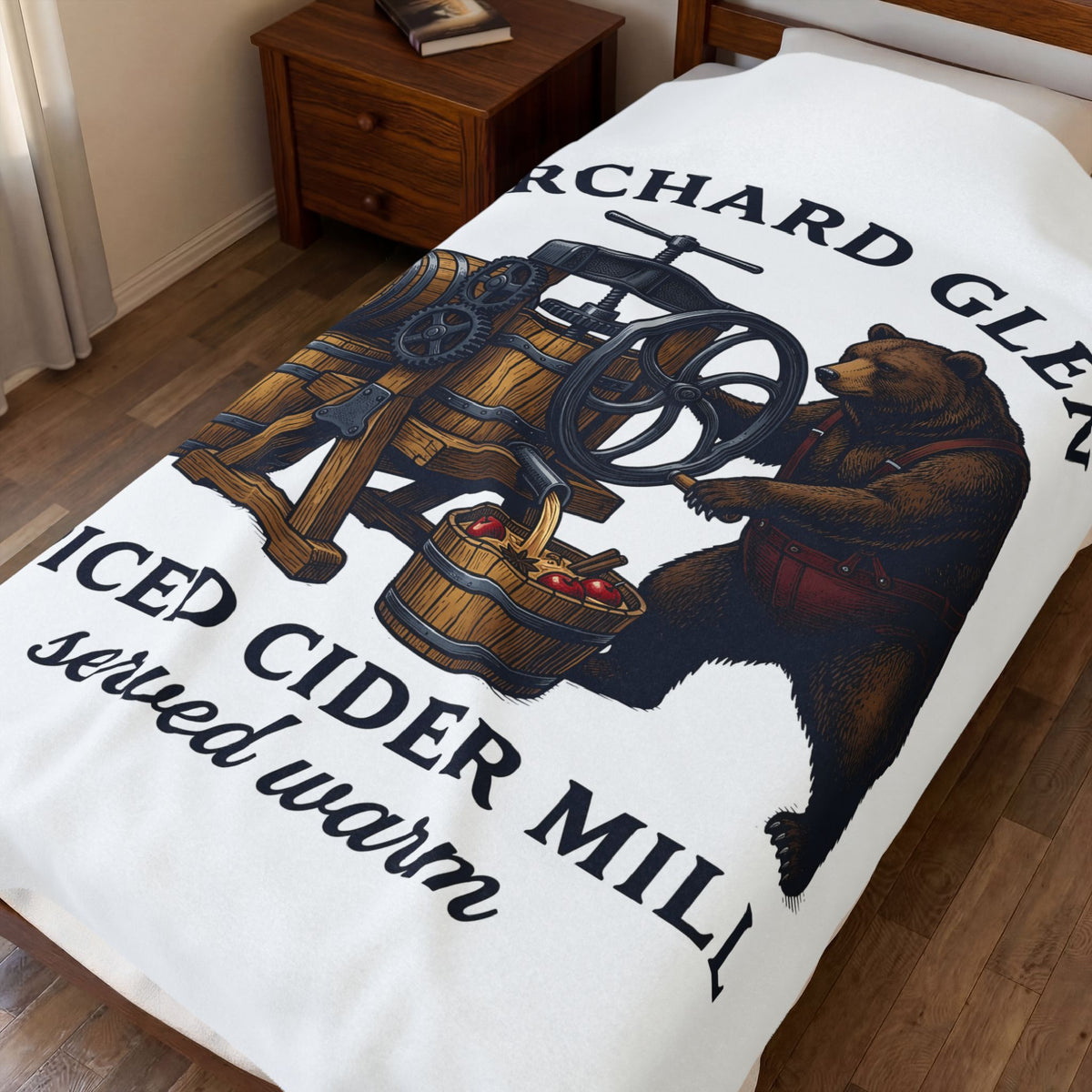 Bear Cider Machine Blanket Christmas Leaves Gift Women Old Fashioned Blanket Cider Press Blanket Xmas Fan Vintage Blanket Foliage Graphic Ink