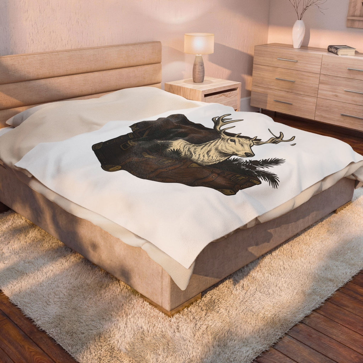 Deer Chest Blanket Woodland Animal Gift Women Hand Drawn Blanket Fawn Blanket Forest Fan Illustrated Graphic Blanket Vintage Pine Branches Blanket