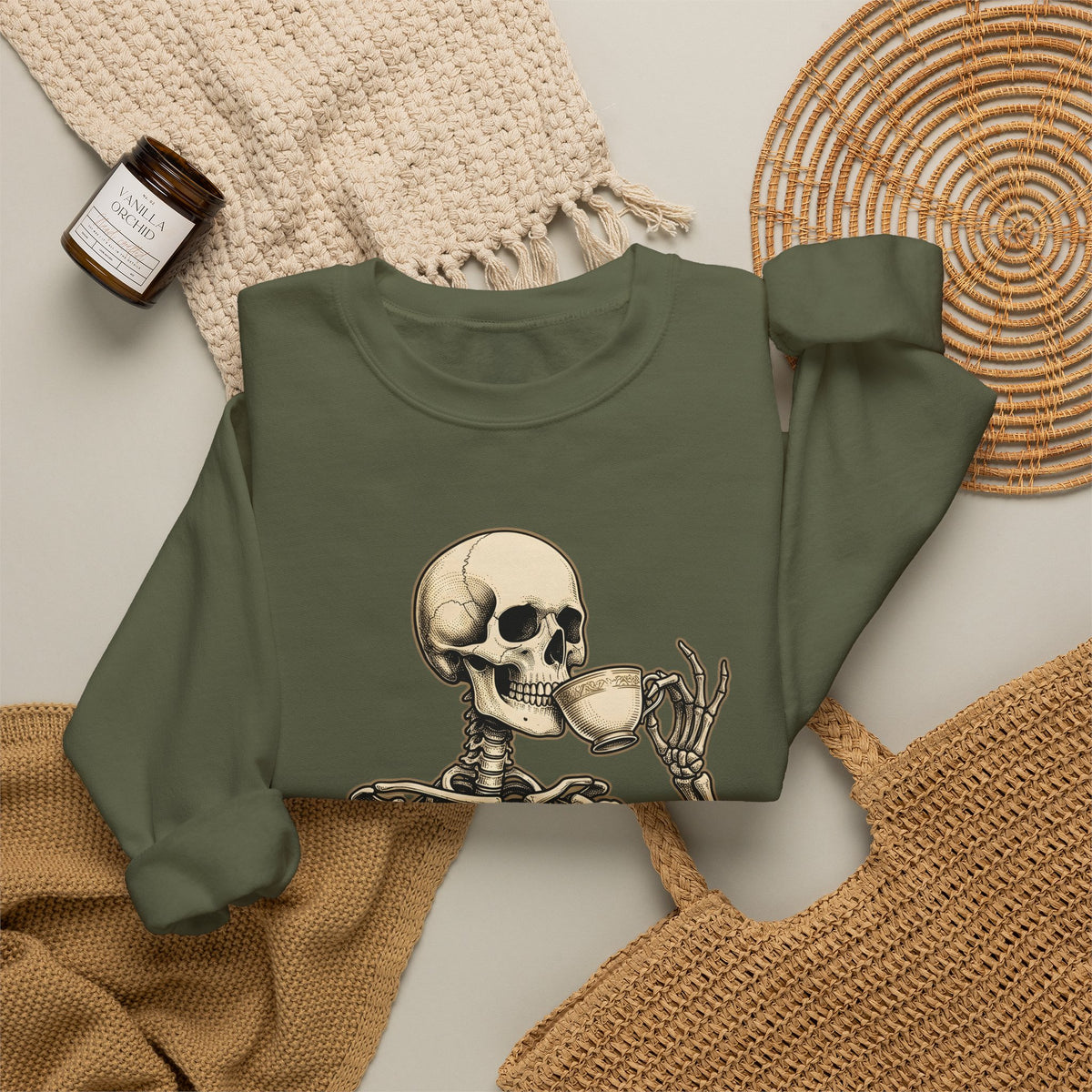 Skeleton Tea Cup Sweatshirt Halloween Goth Gift Women Vintage Sweatshirt Tea Cup Sweatshirt Horror Fan Retro Sweatshirt Dark Graphic Hand