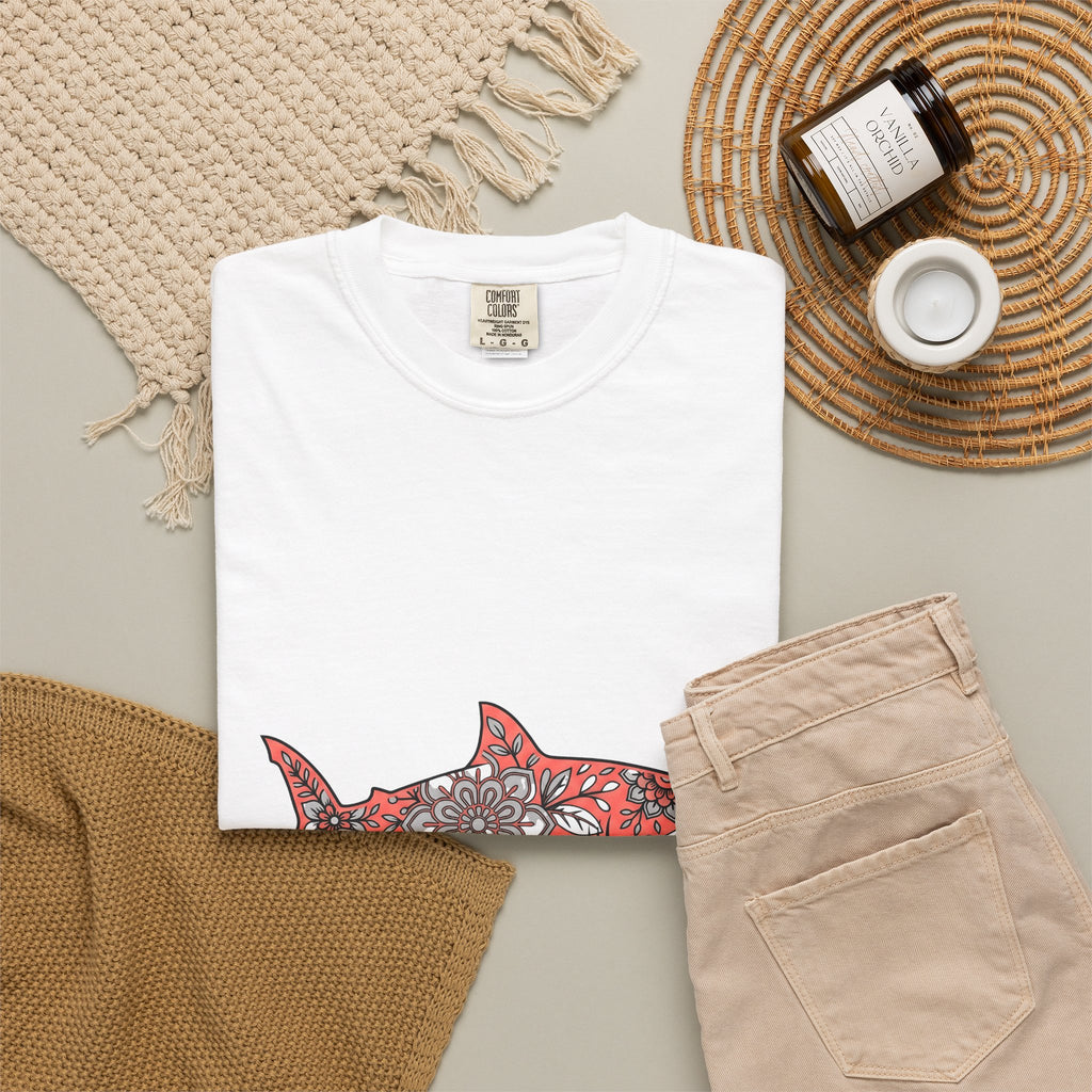 Tropical Shark T-Shirt Boho Chic Aquatic Gift Women Ethnic T-Shirt Shark T-Shirt Bohemian Fan Tribal T-Shirt Marine Graphic Ink Ornament T-Shirt