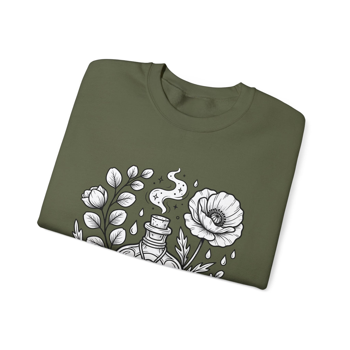 Magic Bottle Sweatshirt Halloween Spells Gift Women Sketch Sweatshirt Genie Bottle Sweatshirt Horror Fan Mystic Drawing Graphic Retro Flower Sweatshirt