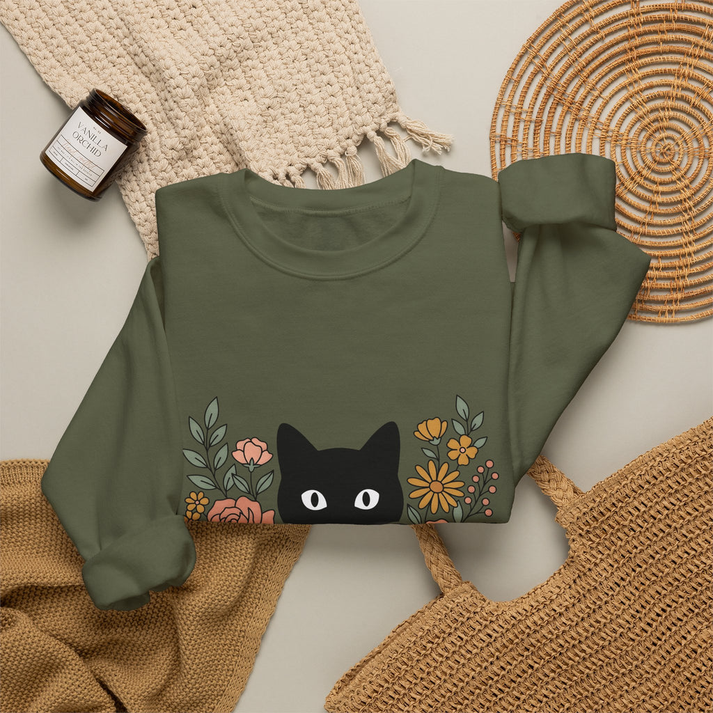 Black Cat Sweatshirt Halloween Garden Gift Women Print Art Sweatshirt Cat Sweatshirt Horror Fan Graphic Sweatshirt Yard Graphic Classic Flower Arrangement