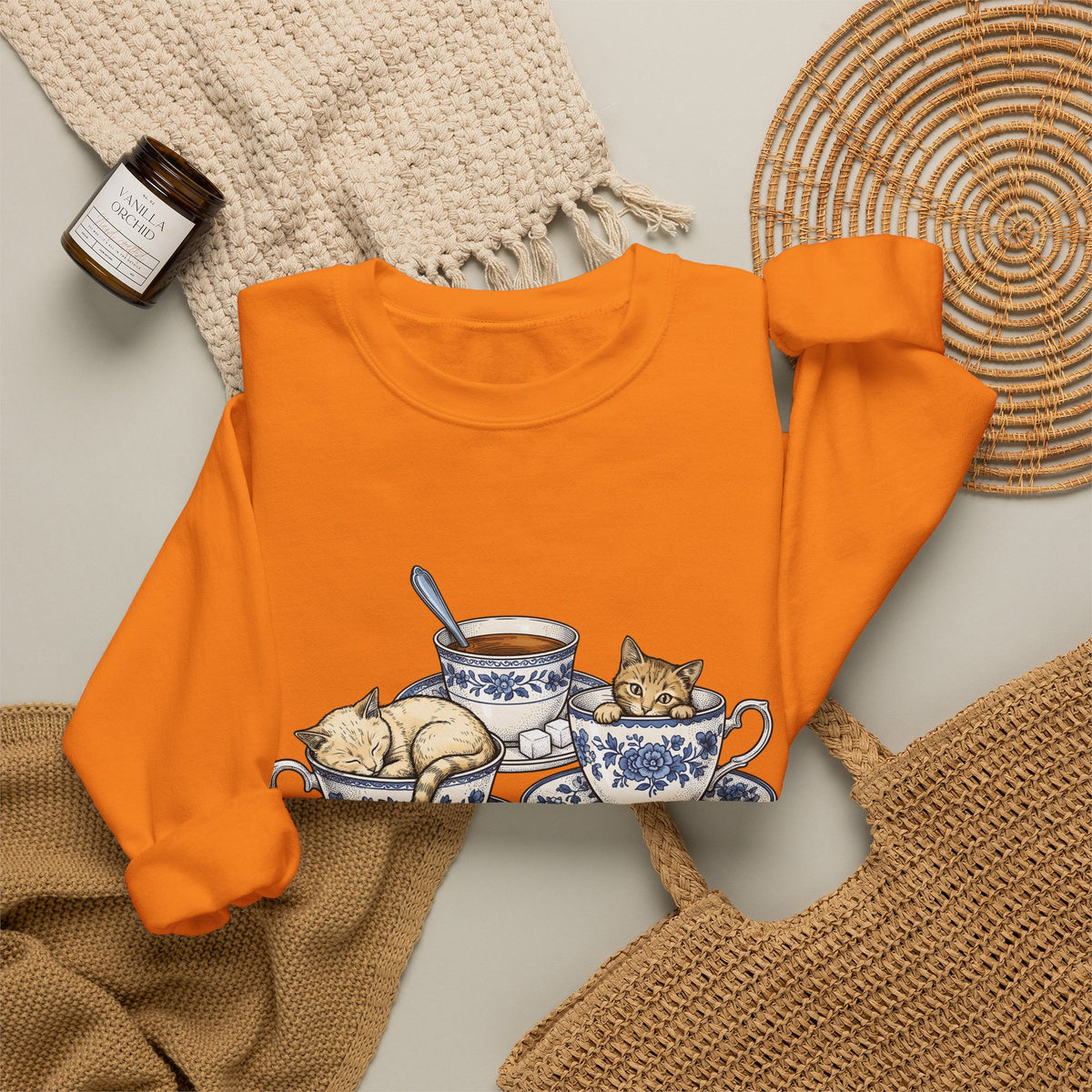 Cat Teacup Sweatshirt Cat Beverage Gift Women Retro Sweatshirt Kitty Sweatshirt Cat Fan Vintage Sweatshirt Coffee Graphic Sketch Flower Design Sweatshirt