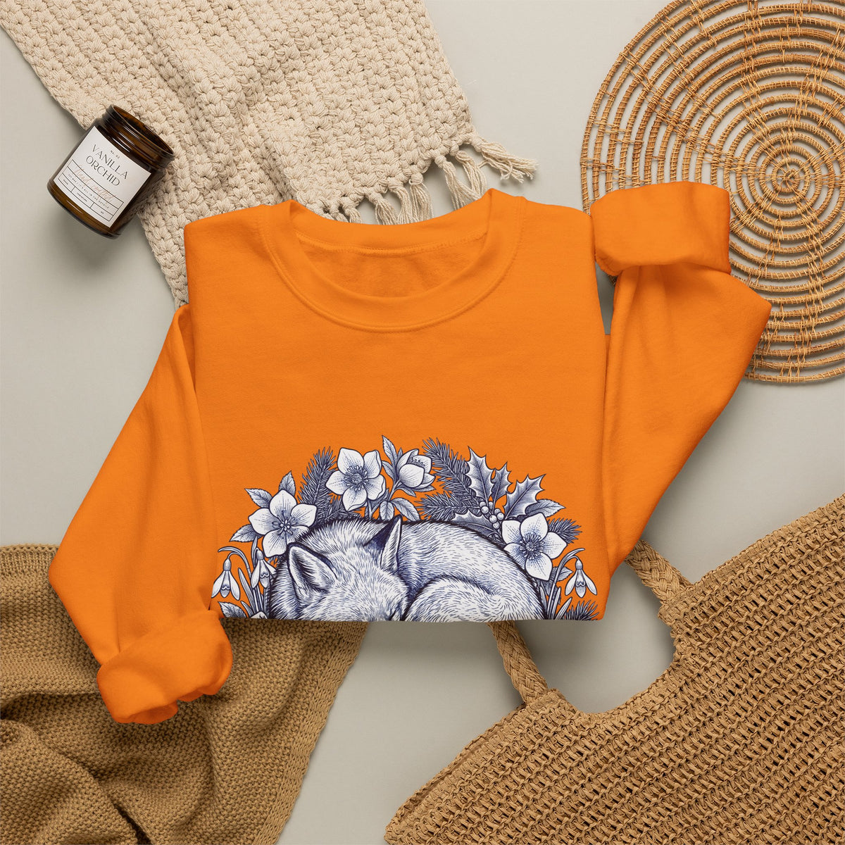 Fox Blossom Sweatshirt Christmas Creature Gift Women Cartoon Sweatshirt Flower Sweatshirt Xmas Fan Comic Sweatshirt Beast Graphic Hand Drawn Pine Branch Sweatshirt