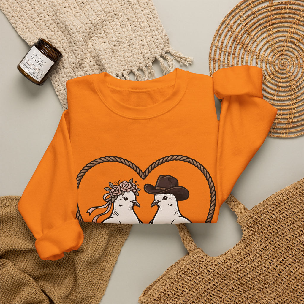 Dove Duo Sweatshirt Cowgirl Ranch Gift Women Classic Sweatshirt Pigeons Sweatshirt Rodeo Fan Rustic Graphic Sweatshirt Pen Drawing Braided Heart Sweatshirt