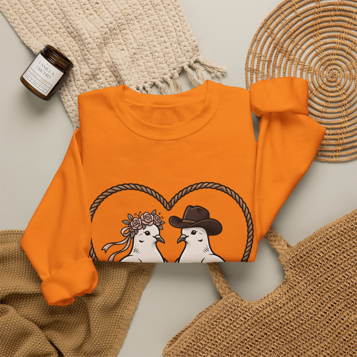 Dove Duo Sweatshirt Cowgirl Ranch Gift Women Classic Sweatshirt Pigeons Sweatshirt Rodeo Fan Rustic Graphic Sweatshirt Pen Drawing Braided Heart Sweatshirt