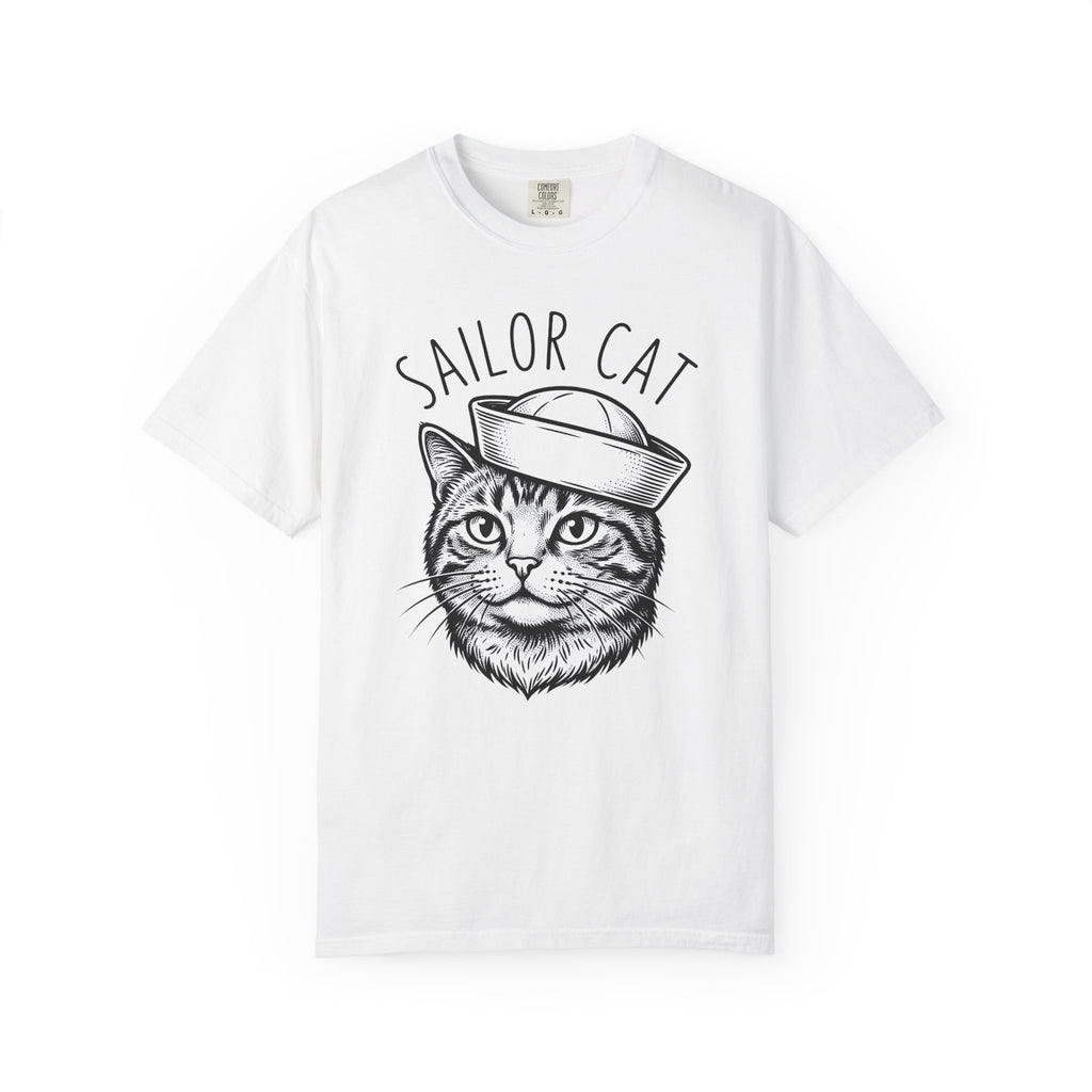 Cat Head T-Shirt Cat Sea Gift Women Sketch T-Shirt Kitten T-Shirt Cat Fan Feline T-Shirt Nautical Graphic Oceanic Design Line Art Captain Hat