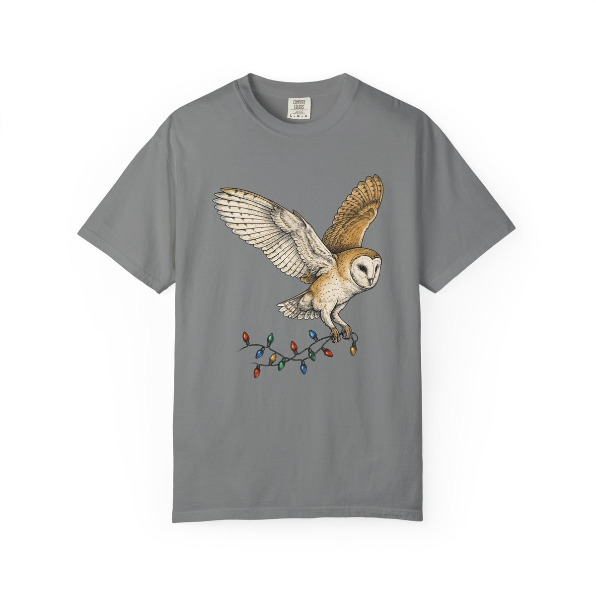 Barn Owl T-Shirt Christmas Pets Gift Women Cartoon T-Shirt Owl T-Shirt Xmas Fan Owl T-Shirt Animal Graphic Classic Globe Lights T-Shirt