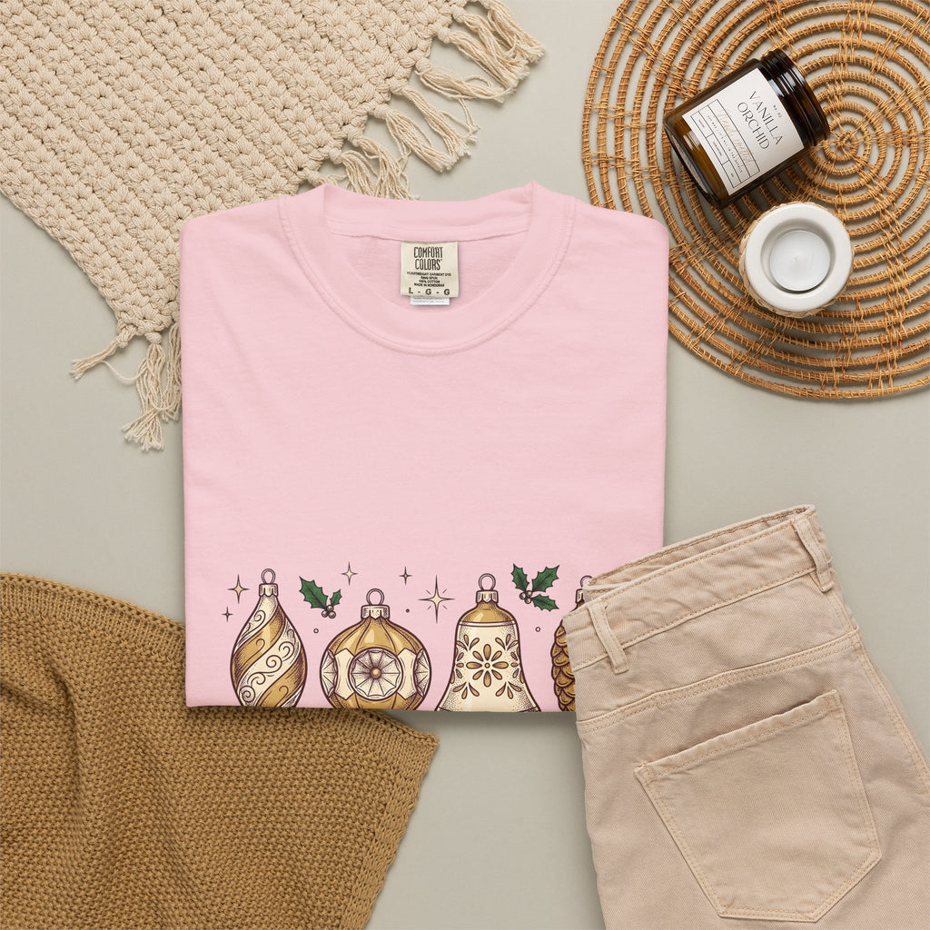 Festive Ornaments T-Shirt Christmas Event Gift Women Line Art T-Shirt Baubles T-Shirt Xmas Fan Illustration Graphic T-Shirt Hand Painted Pine