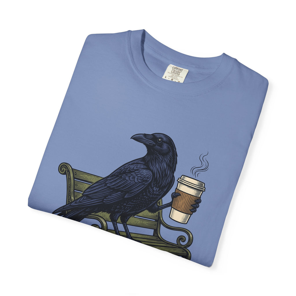 Raven Coffee T-Shirt Coffee Animal Gift Women Vintage T-Shirt Coffee T-Shirt Coffee Fan Retro T-Shirt Wildlife Graphic Hand Drawn Park Bench T-Shirt