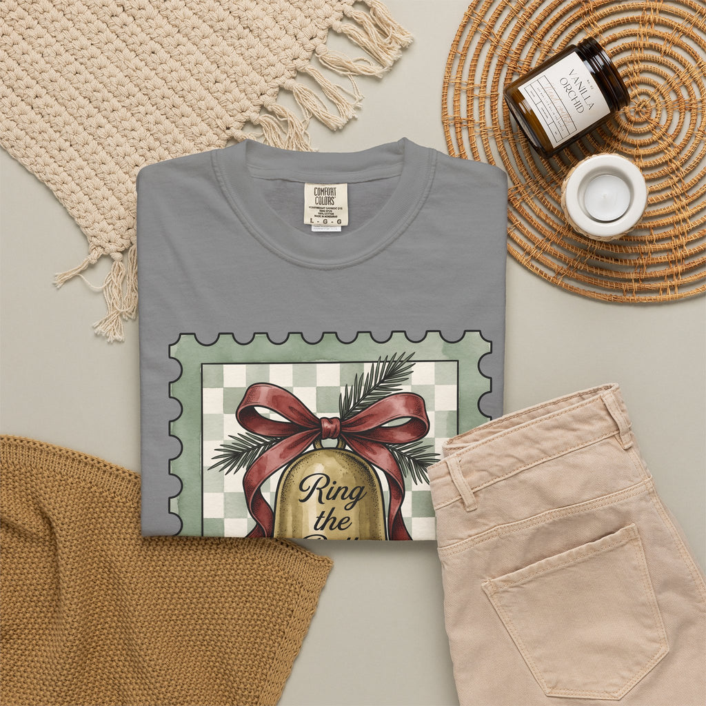 Festive Bell T-Shirt Christmas Seasonal Gift Women Retro T-Shirt Jingle Bell T-Shirt Christmas Fan Vintage T-Shirt Holiday Graphic Rustic Fir Twig