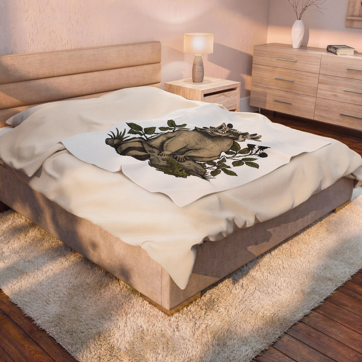 Raccoon Blossom Crown Blanket Animal Greenery Gift Women Natural Blanket Raccoon Crown Blanket Wildlife Fan Botanical Blanket Foliage Graphic Hand