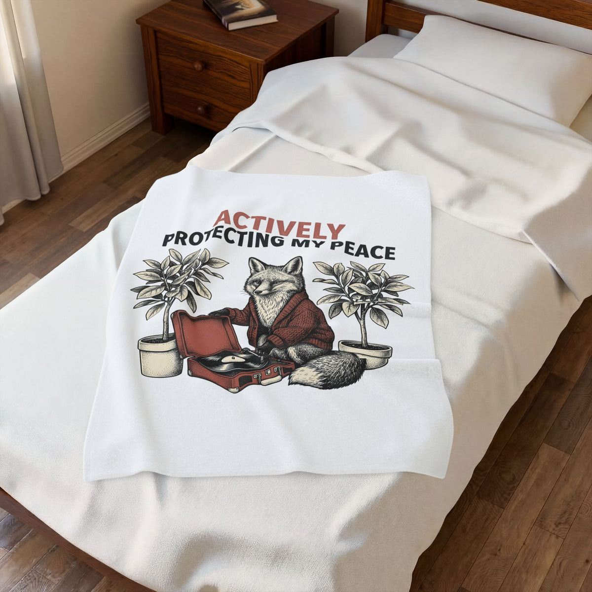 Fox Music Player Blanket Funny Creatures Gift Women Classic Blanket Mp3 Player Blanket Humor Fan Retro Blanket Animal Graphic Doodle Indoor Plants
