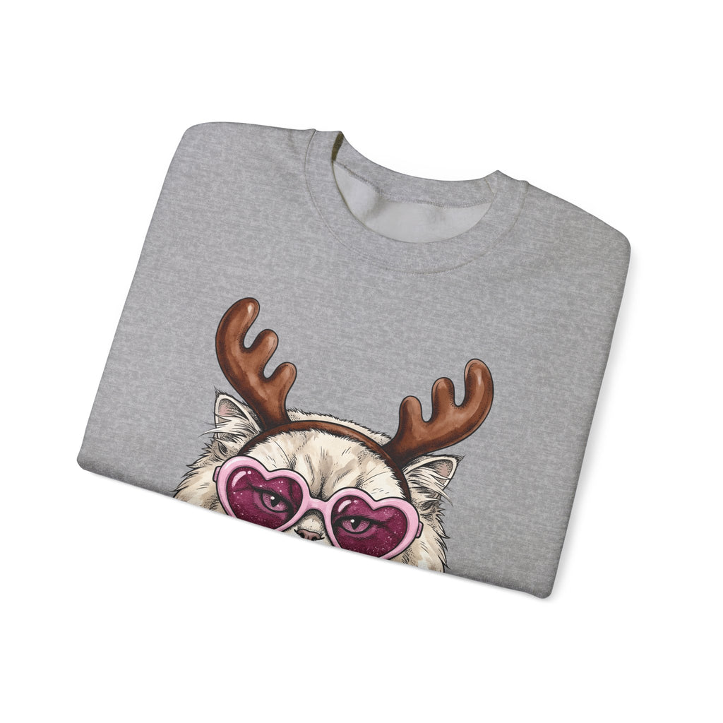 Cat Reindeer Sweatshirt Christmas Cat Gift Women Hand Drawn Sweatshirt Reindeer Sweatshirt Xmas Fan Illustrated Graphic Kitten Design Vintage Heart