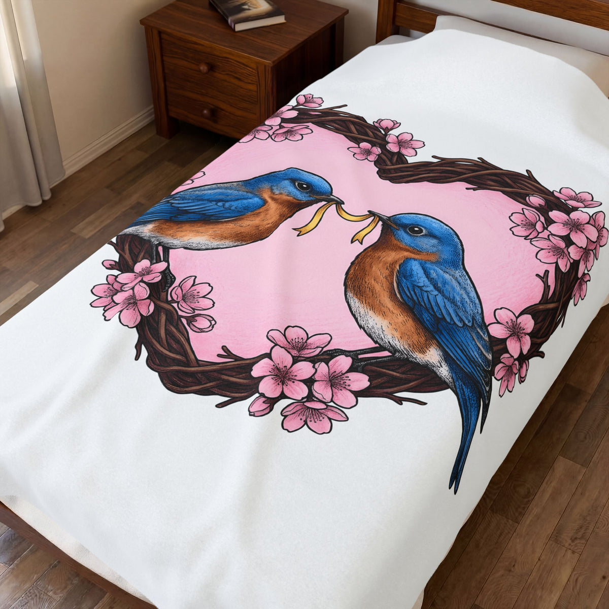 Bluebirds Heart Blanket Cute Romantic Gift Women Hand Drawn Blanket Lovebird Blanket Adorable Fan Illustrated Blanket Amorous Graphic Vintage