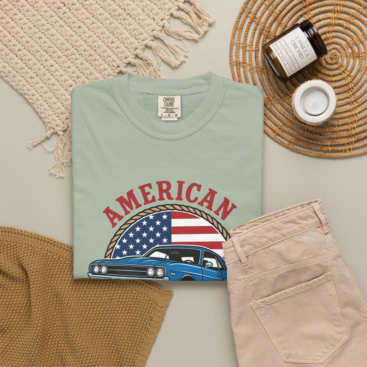 Muscle Car T-Shirt America Automotive Gift Women Vintage T-Shirt Hot Rod T-Shirt Patriot Enthusiast Classic T-Shirt Car Graphic Retro American Flag