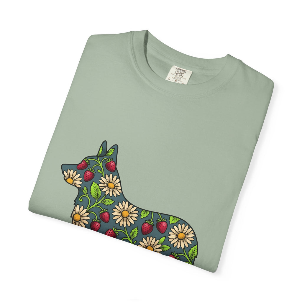 Corgi Blossom T-Shirt Dog Wildlife Gift Women Garden T-Shirt Puppy T-Shirt Dog Fan Animal Graphic Illustration T-Shirt Hand Drawn Fruit T-Shirt