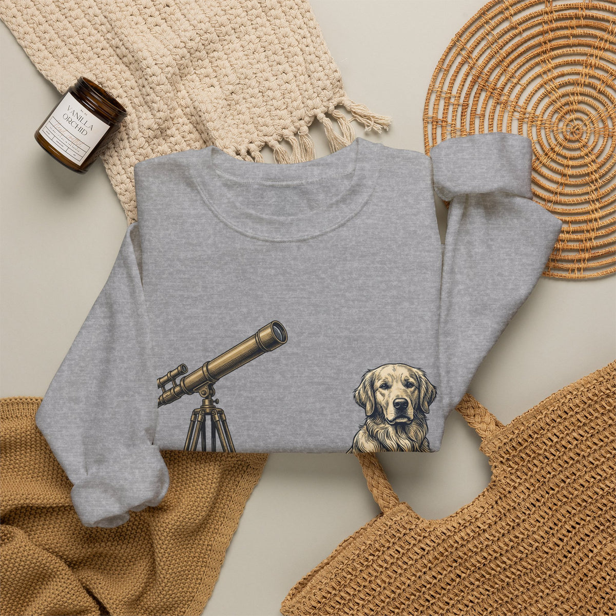 Golden Retriever Sweatshirt Dog Universe Gift Women Antique Sweatshirt Retriever Sweatshirt Dog Fan Vintage Sweatshirt Galaxy Graphic Cartoon Telescope Sweatshirt