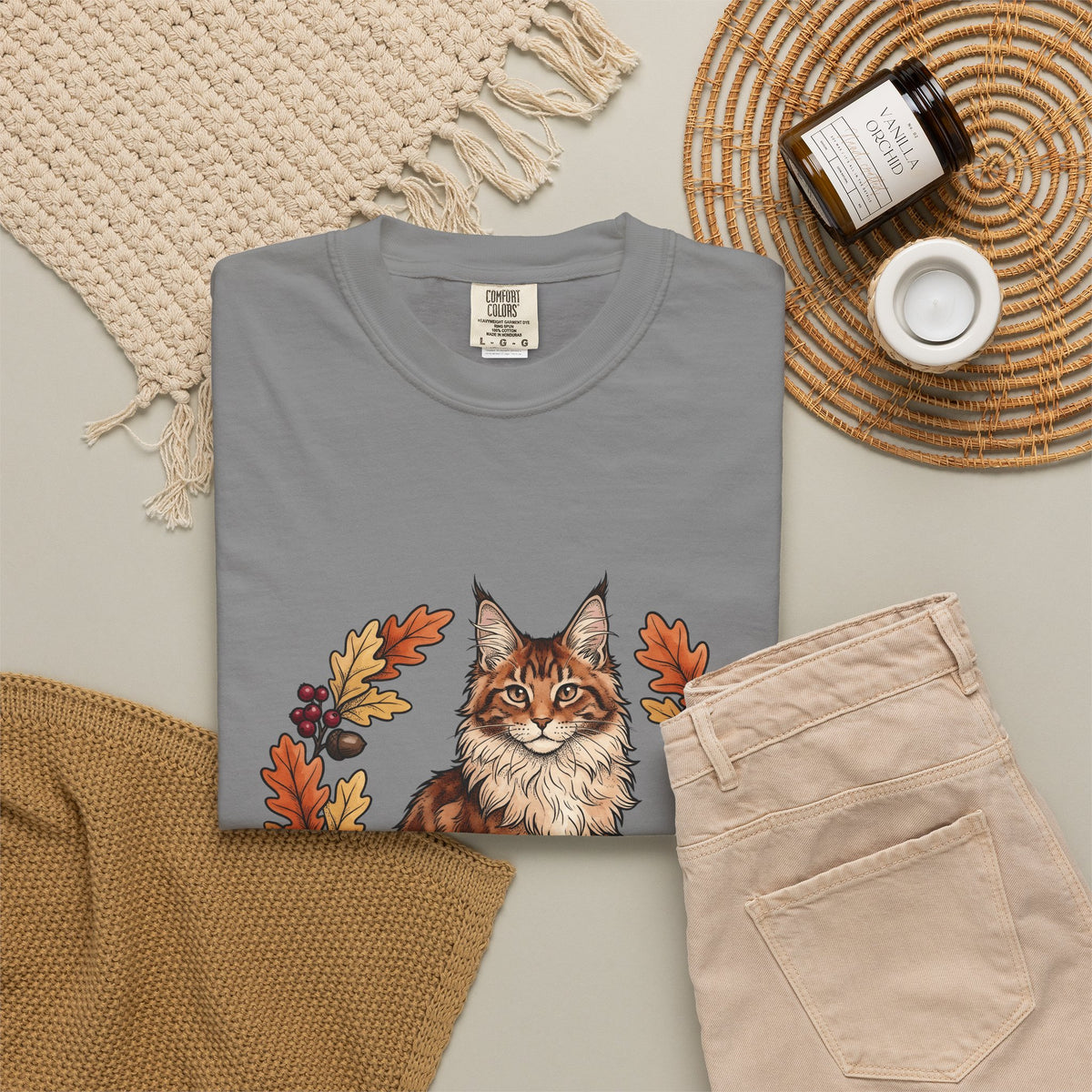 Maine Coon Pet T-Shirt Cat Pumpkin Gift Women Greenery T-Shirt Cat T-Shirt Cat Fan Foliage T-Shirt Gourd Graphic Old-Fashioned Orange Leaves T-Shirt