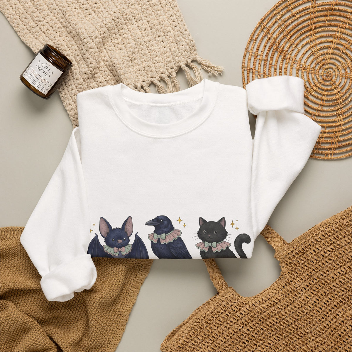 Bat Crow Cat Sweatshirt Halloween Witch Gift Women Cute Sweatshirt Animal Sweatshirt Spooky Fan Cartoon Sweatshirt Magical Graphic Hand