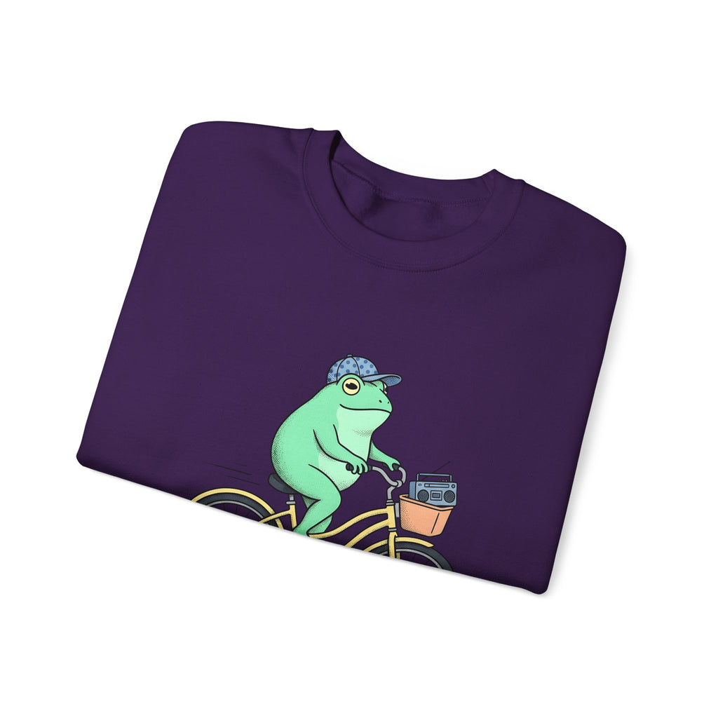 Frog Cycle Sweatshirt Funny Critters Gift Women Graphic Sweatshirt Toad Sweatshirt Humor Fan Cartoon Sweatshirt Creature Graphic Old School Music Player Sweatshirt