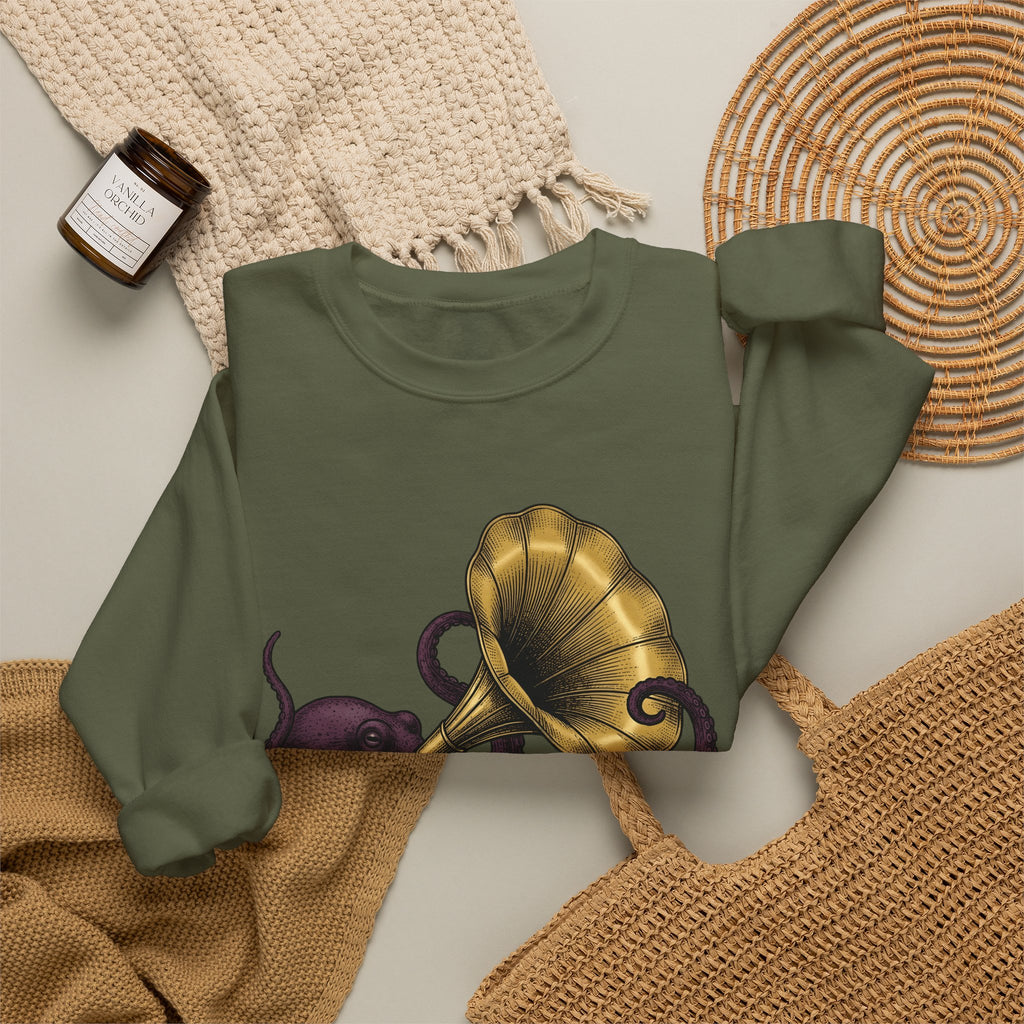 Octopus Phonograph Sweatshirt Animal Sound Gift Women Classic Sweatshirt Gramophone Sweatshirt Pet Fan Retro Sweatshirt Audio Graphic Doodle Music Player