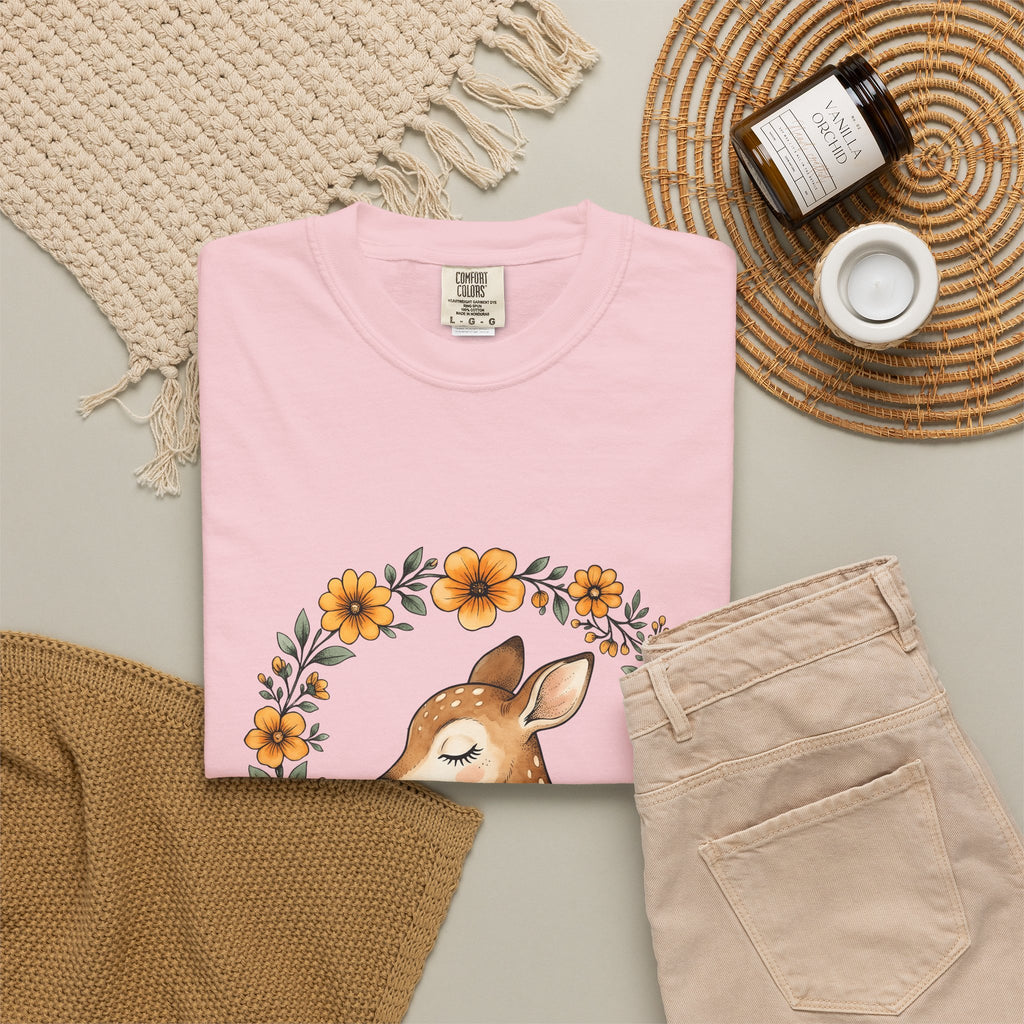 Fawn Boho Chic Forest Gift Sketch Deer Bohemian Fan Drawing Woods Pastel Flower Crown T-Shirt