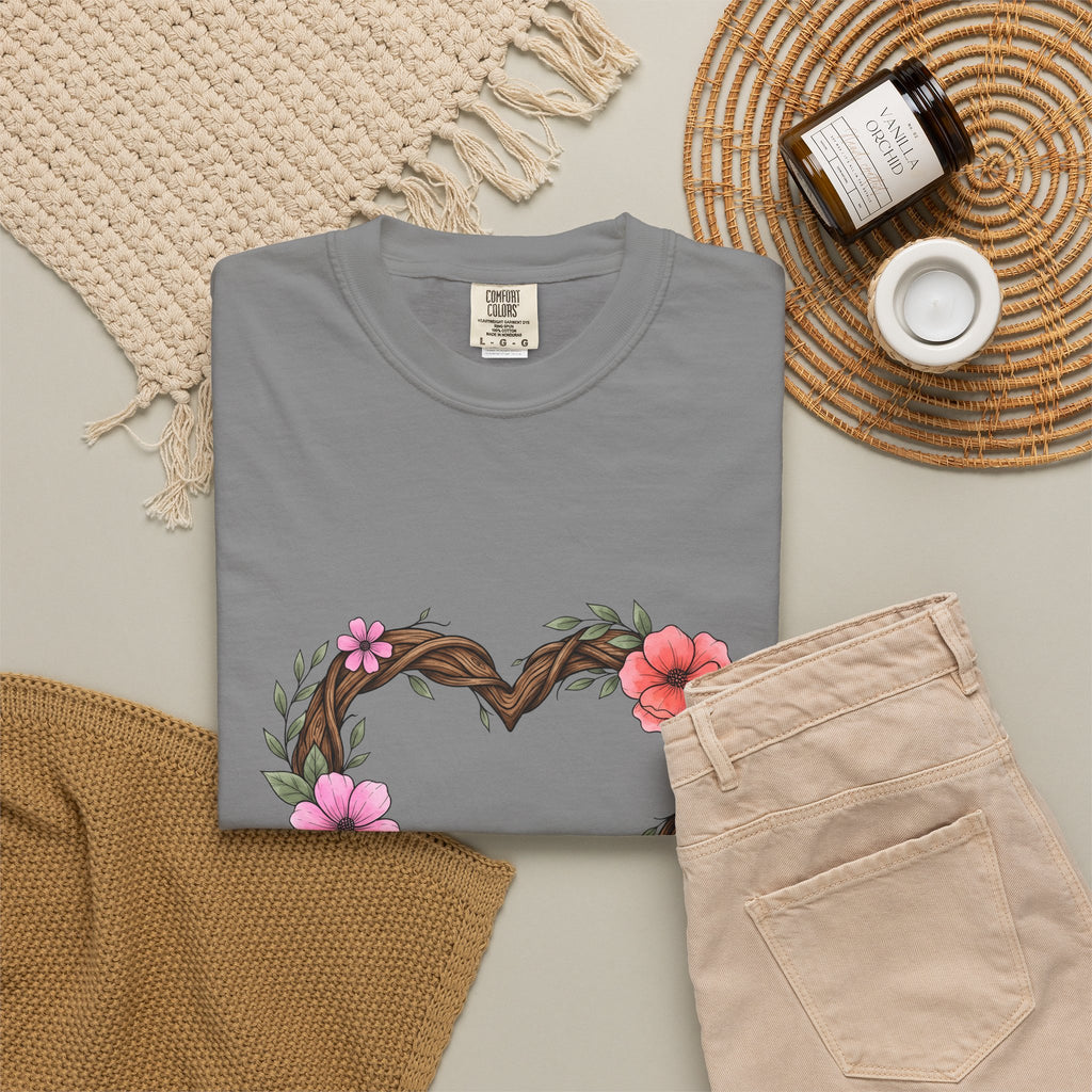 Floral Heart T-Shirt Boho Chic Nature Gift Women Hand Drawn T-Shirt Heart T-Shirt Bohemian Fan Illustrated T-Shirt Environmental Graphic Botanical