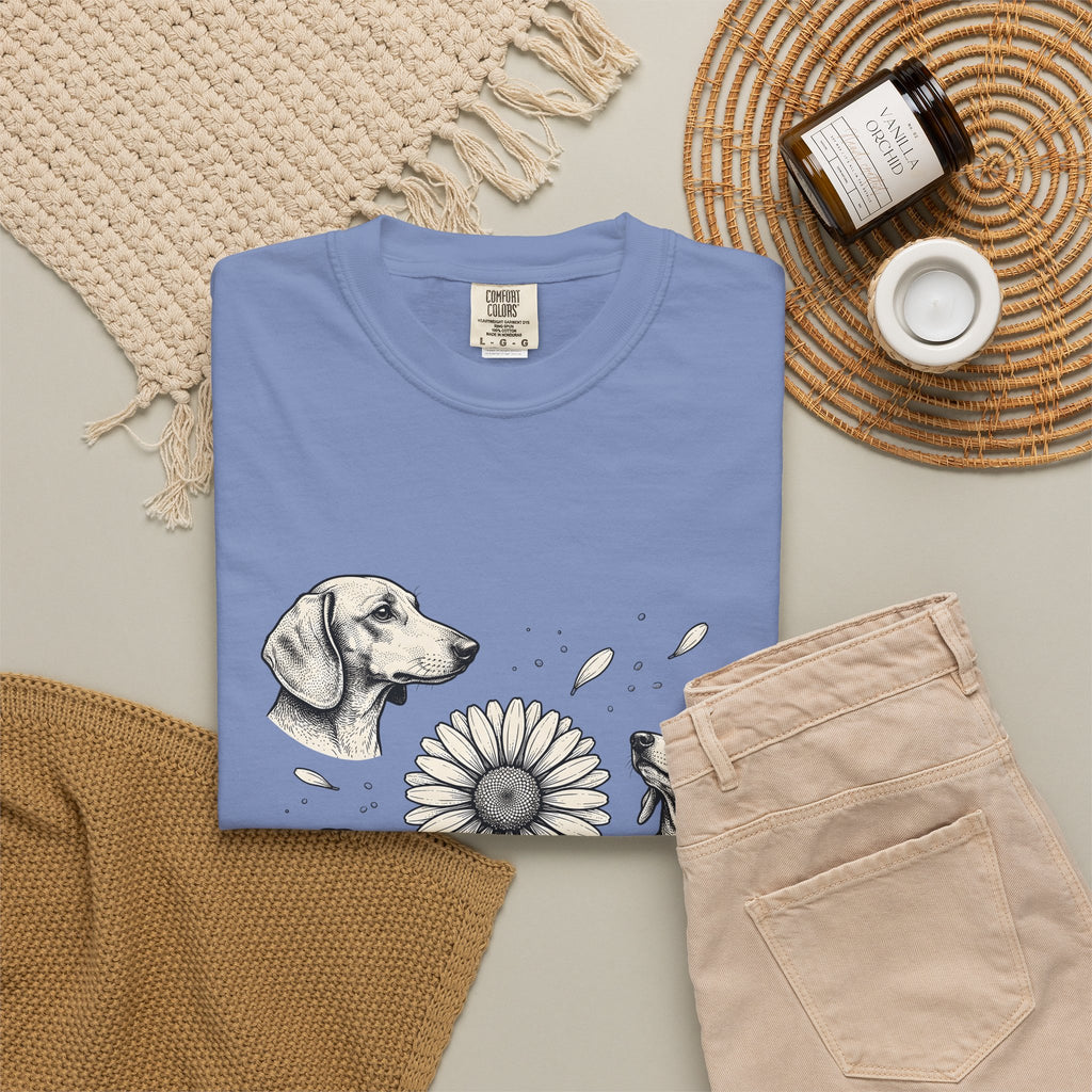 Dachshund Dog T-Shirt Dog Floral Gift Women Hand Drawn T-Shirt Wiener Dog T-Shirt Dog Fan Illustrated Design Vintage Daisy Flower T-Shirt