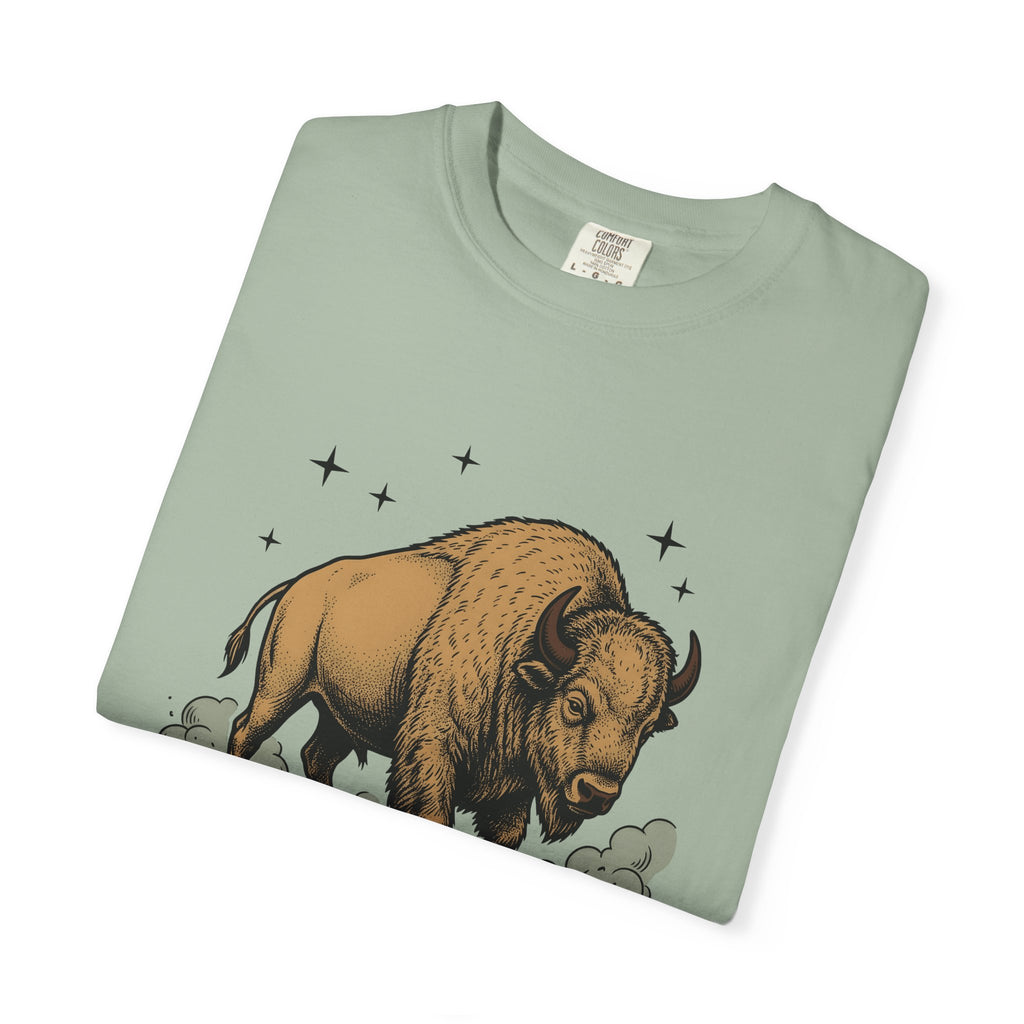 Buffalo Art T-Shirt Animal Environment Gift Women Rustic T-Shirt Bison T-Shirt Wildlife Fan Primitive T-Shirt Eco Graphic Line Art Star Symbols