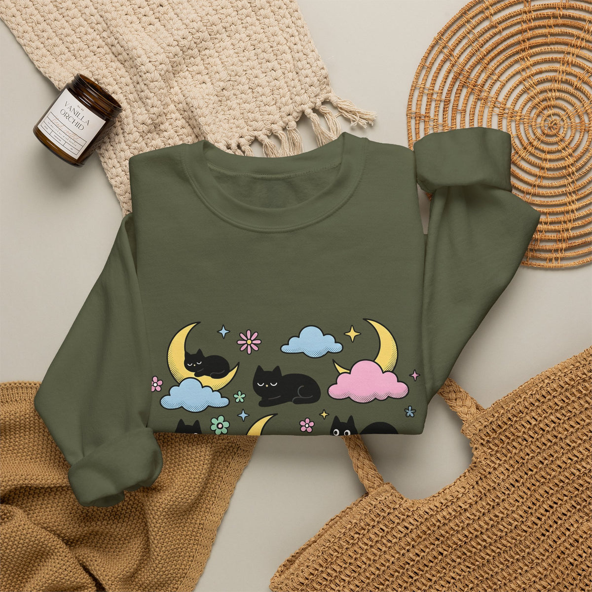 Black Cats Sweatshirt Cat Celestial Gift Women Kawaii Sweatshirt Kitties Sweatshirt Cat Fan Astrology Graphic Sweatshirt Pastel Crescent Moon Sweatshirt