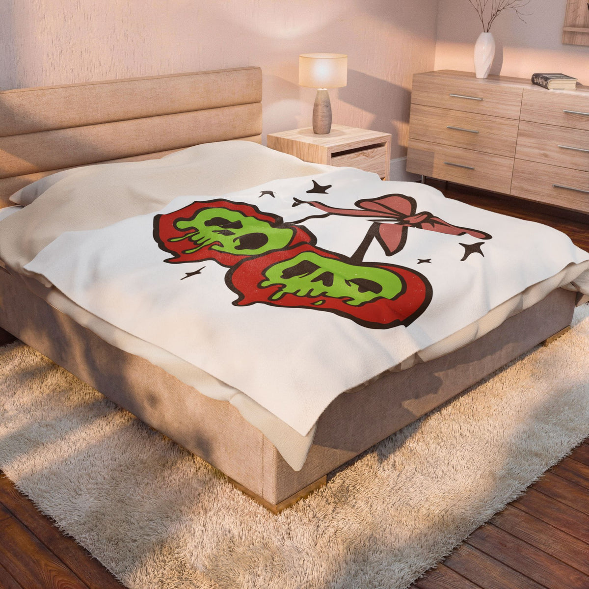 Skull Cherry Blanket Halloween Eerie Gift Women Fun Blanket Sugar Skull Blanket Spooky Fan Cartoon Blanket Dark Graphic Bow Tie Blanket