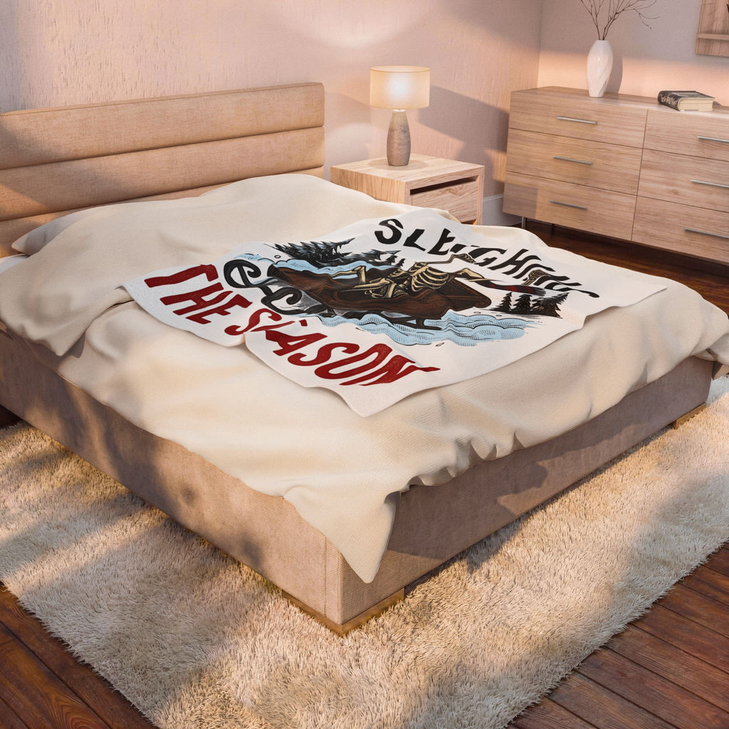 Bone Sleigh Blanket Christmas Comedy Gift Women Shabby Chic Blanket Sleigh Bell Blanket Xmas Fan Distressed Blanket Humor Graphic Doodle Fir Trees