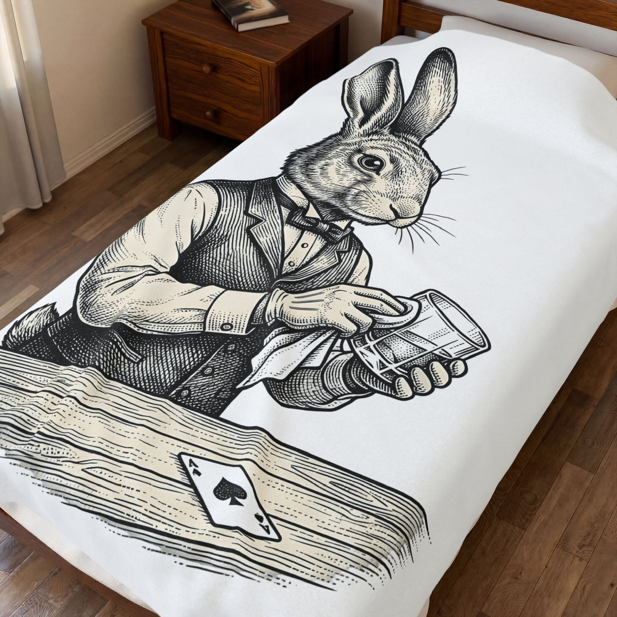 Rabbit Bartender Blanket Animal Bar Gift Women Vintage Blanket Bunny Blanket Pet Fan Retro Blanket Pub Graphic Hand Drawn Playing Card Blanket